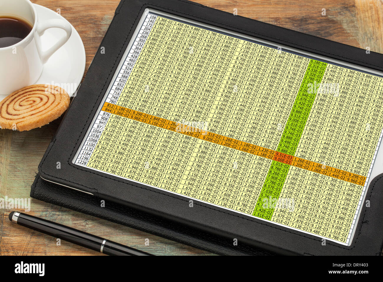 business concept - data spreadsheet on a digital tablet with a cup of coffee Stock Photo
