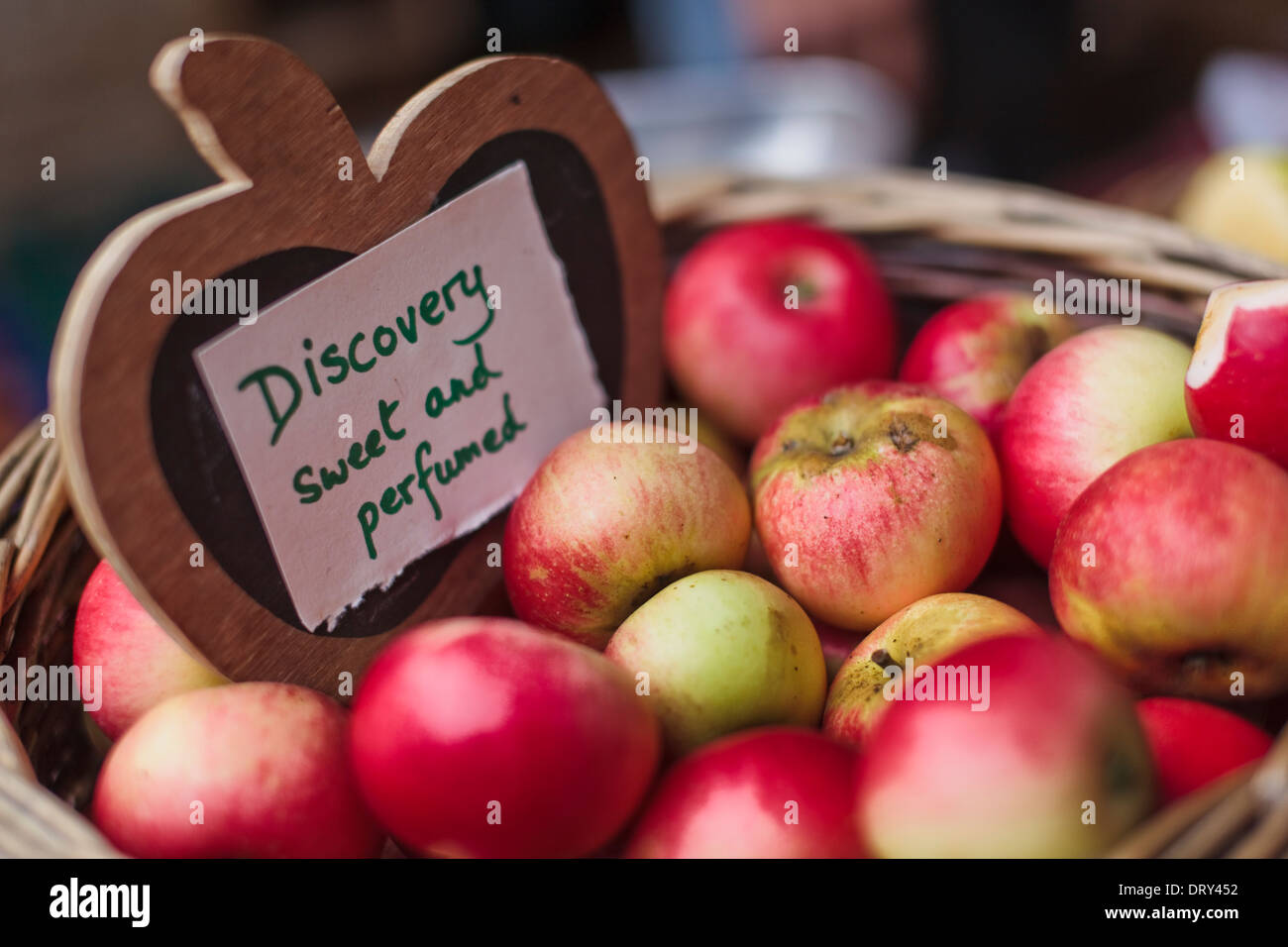 Hand picked Discovery apples for sale at Stroud Farmers' Market, Gloucestershire UK Stock Photo