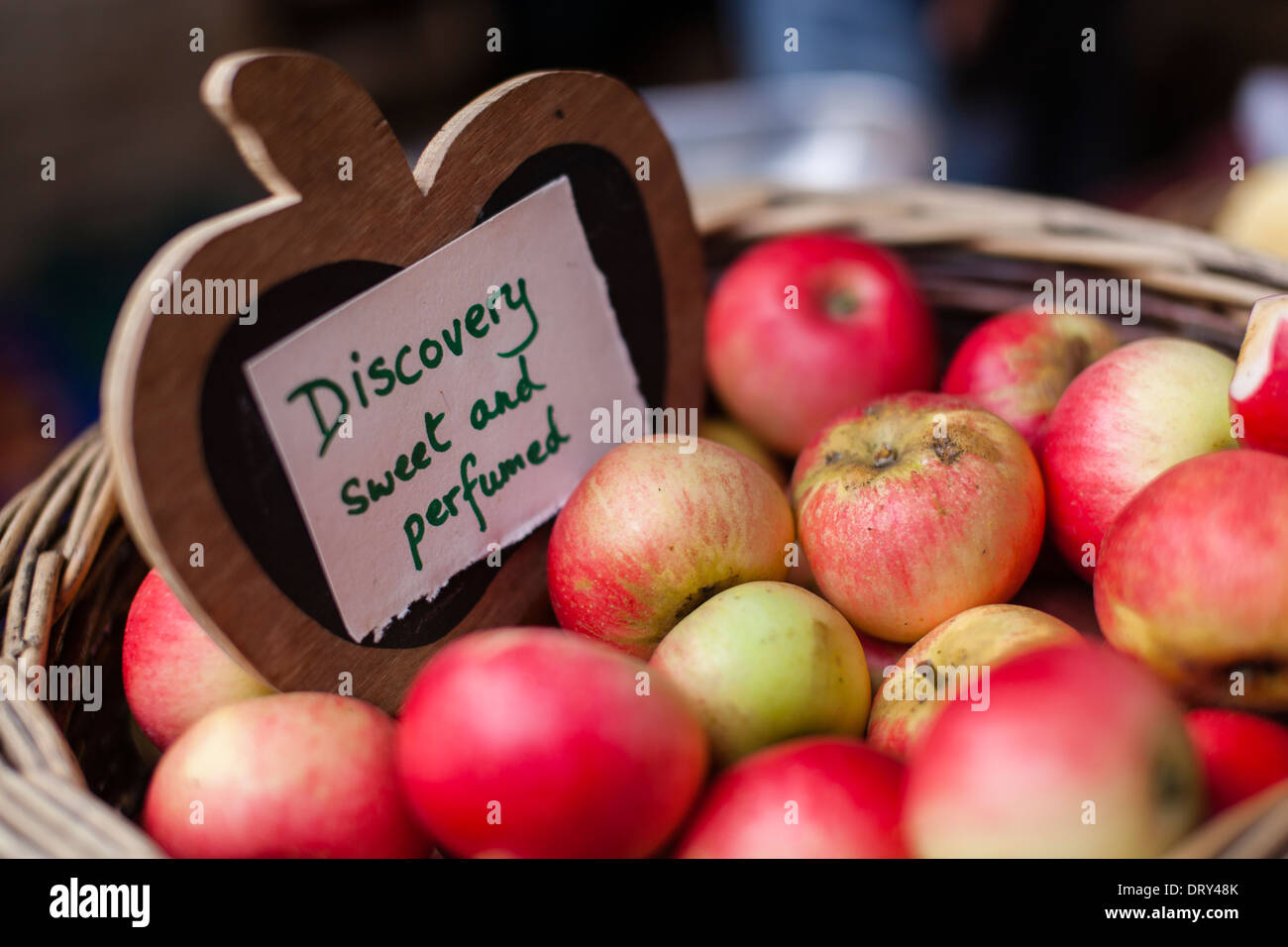 Hand picked Discovery apples for sale at Stroud Farmers' Market, Gloucestershire UK Stock Photo