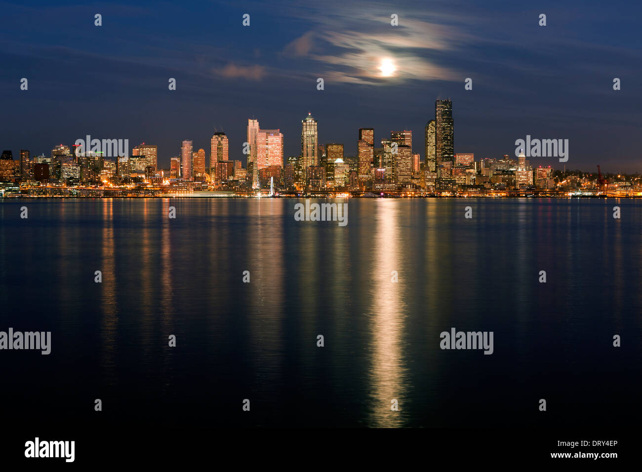 WA09439-00...WASHINGTON - Moon rise over the city of Seattle viewed from across Elliot Bay from West Seattle. 2013 Stock Photo