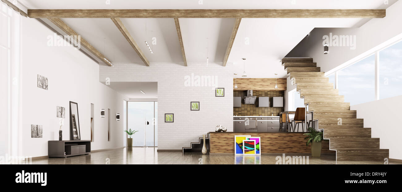 Interior of modern apartment hall kitchen panorama 3d render Stock ...