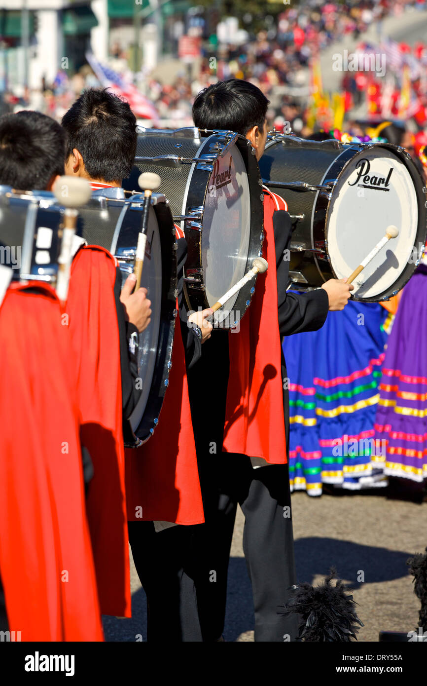 Marching Band Rehearses before the Chinese New Year Parade in Chinatown