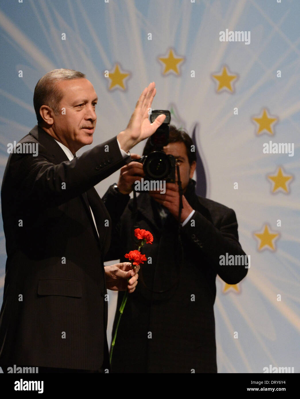 Berlin, Germany. 04th Feb, 2014. Turkish Prime Minister Recep Tayyip Erdogan and is received by members of the Turkish community at Tempodrom in Berlin, Germany, 04 February 2014. Photo: Rainer Jensen/dpa/Alamy Live News Stock Photo