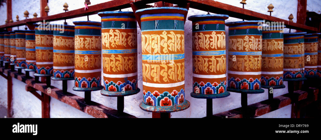 Prayer wheels at a Buddhist Monastery in Tashiding, Sikkim, Northern India, India, Asia Stock Photo