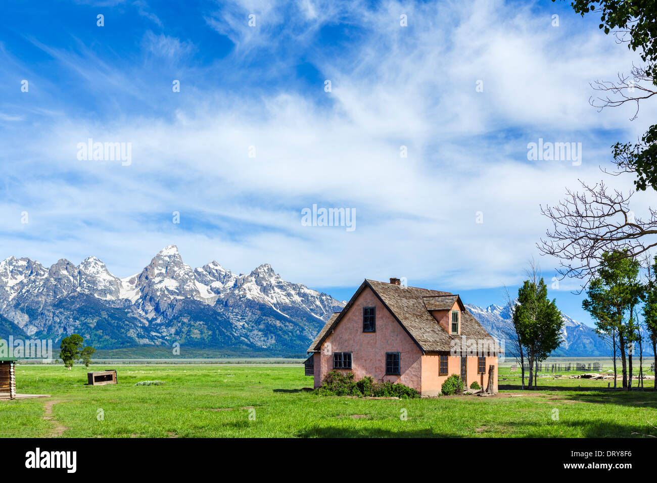 Old farmhouse on historic Mormon Row, Grand Teton National Park, Jackson Hole valley, Wyoming, USA Stock Photo