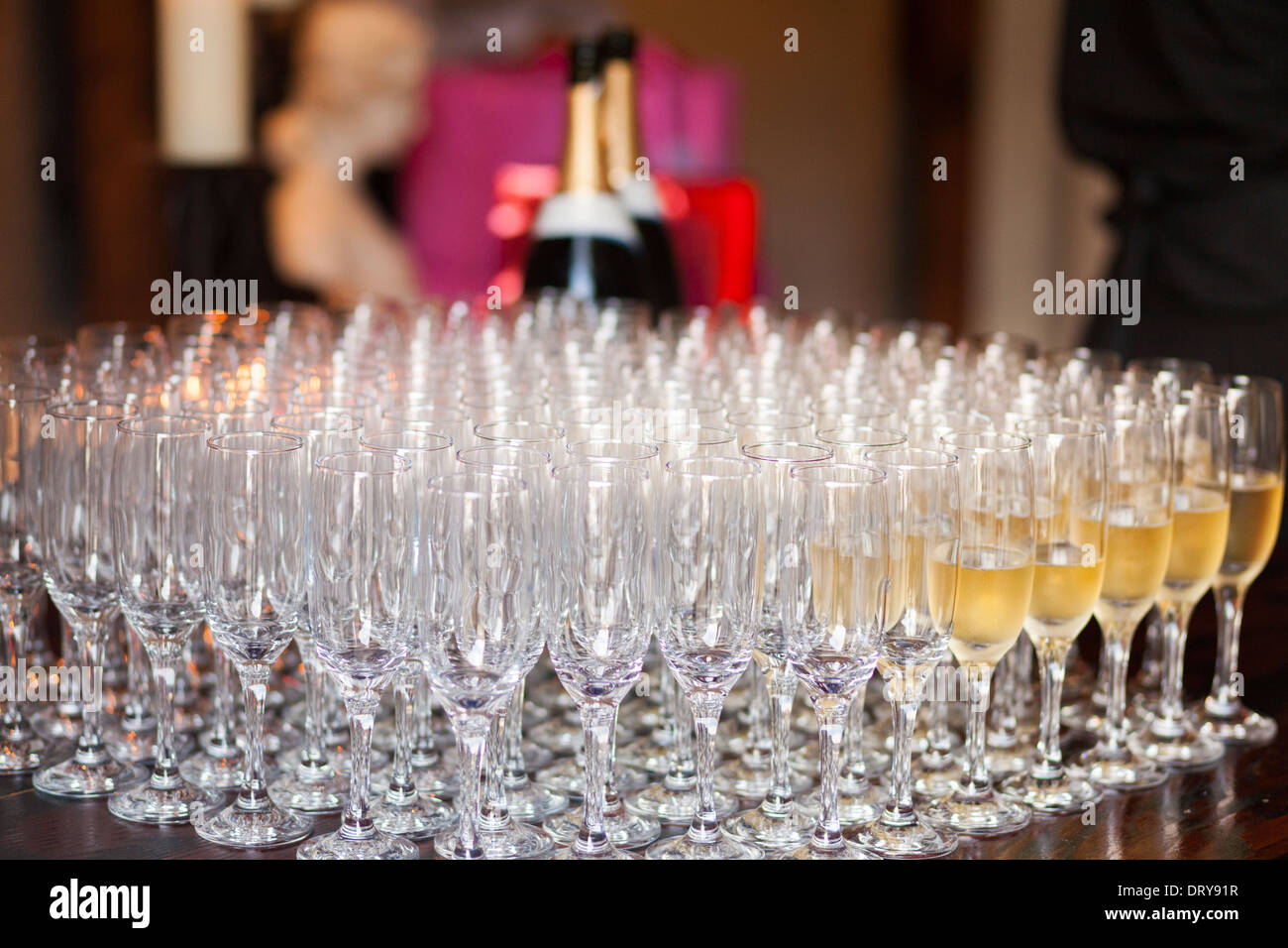 Wine glasses arranged in rows Stock Photo