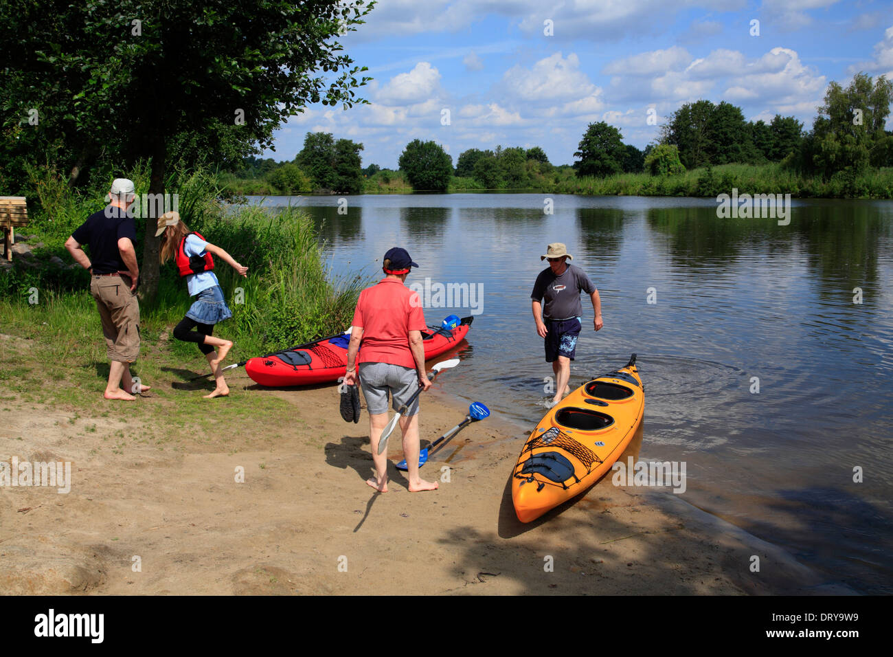 Canoes at Lake Reihersee near Hohnstorf/Elbe, Lower Saxony, Germany, Europe Stock Photo