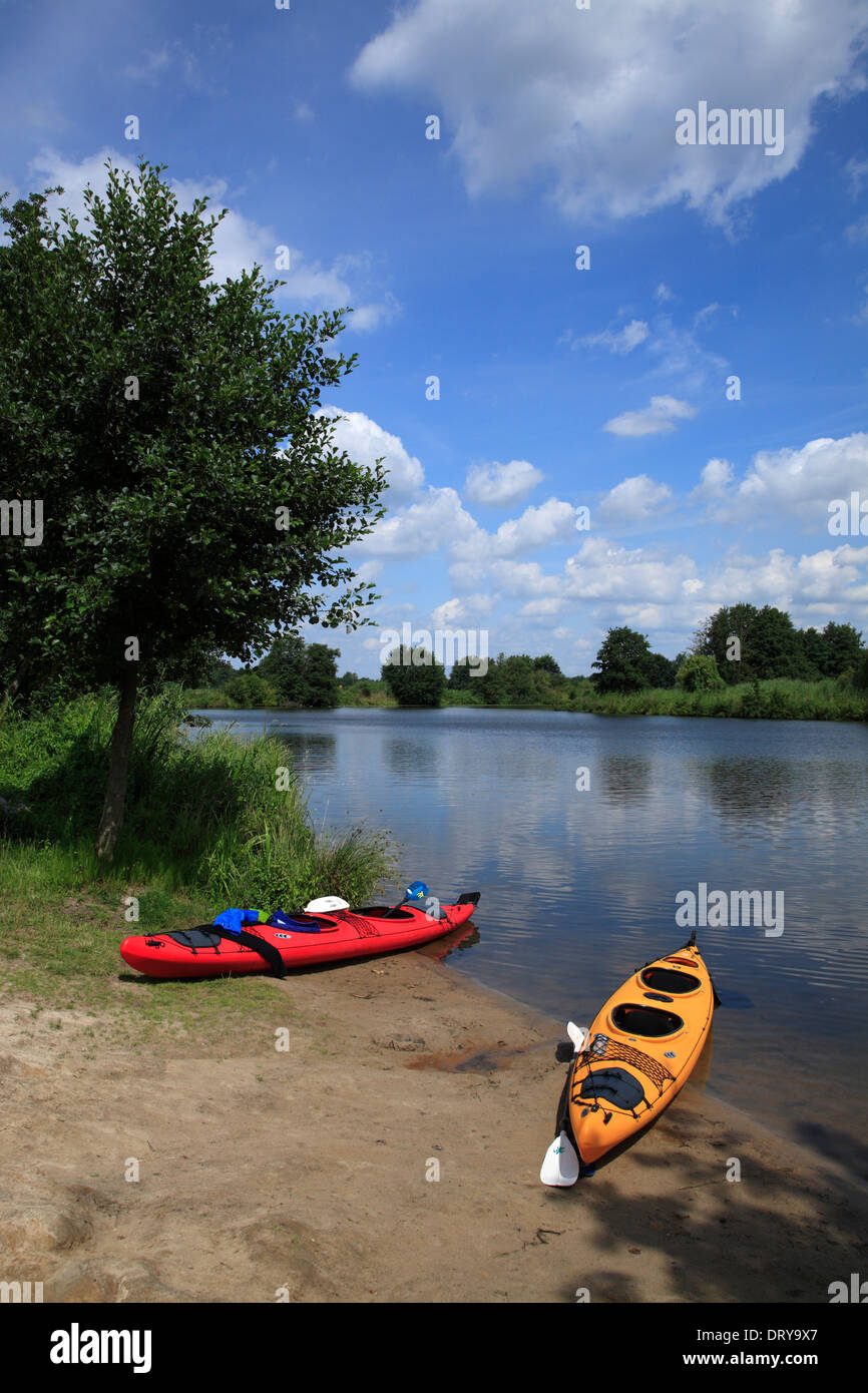 Canoes at Lake Reihersee near Hohnstorf/Elbe, Lower Saxony, Germany, Europe Stock Photo