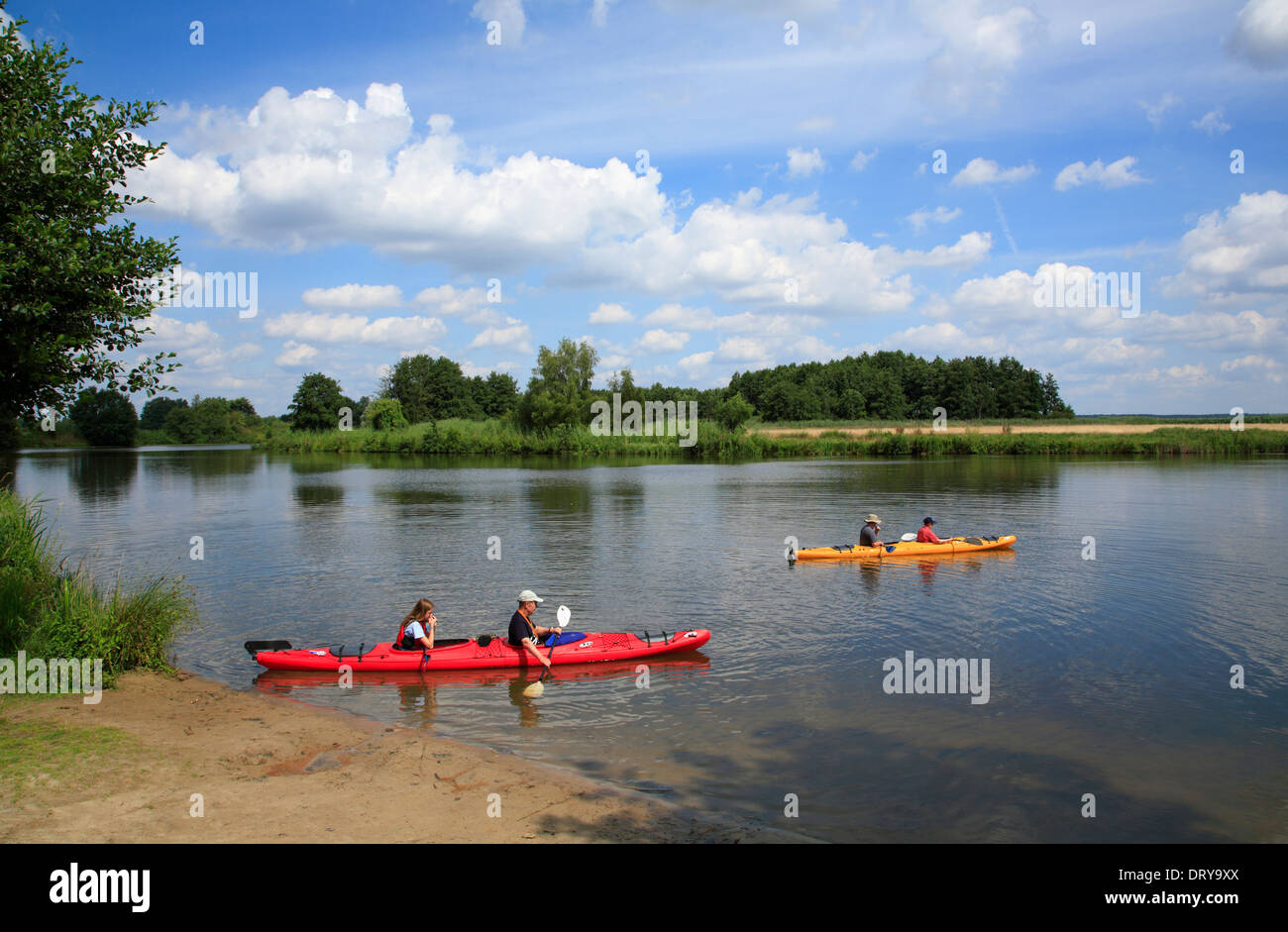 Canoes at Lake Reihersee near Hohnstorf/Elbe, Lower Saxony, Germany, Europe Stock Photo