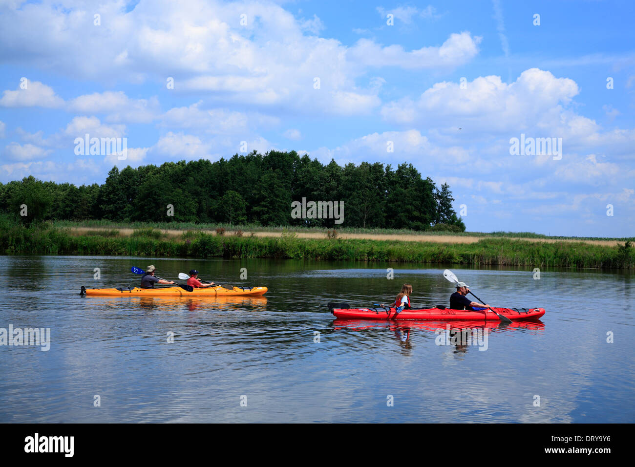 Canoes at Lake Reihersee near Hohnstorf/Elbe, Lower Saxony, Germany, Europe Stock Photo