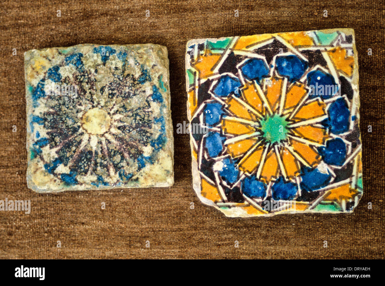 Ceramics, La Marsa, Tunisia. Medieval Tiles. Cuerda Seca Technique, 17th. and 19th. Centuries. Stock Photo
