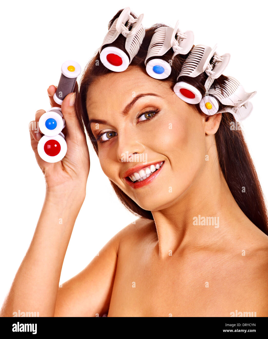 beautiful woman wear hair curlers on head Stock Photo Alamy