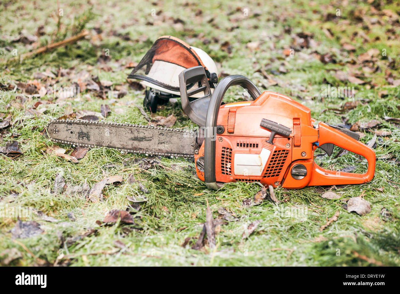 Chainsaw and helmet lying on the ground Stock Photo Alamy