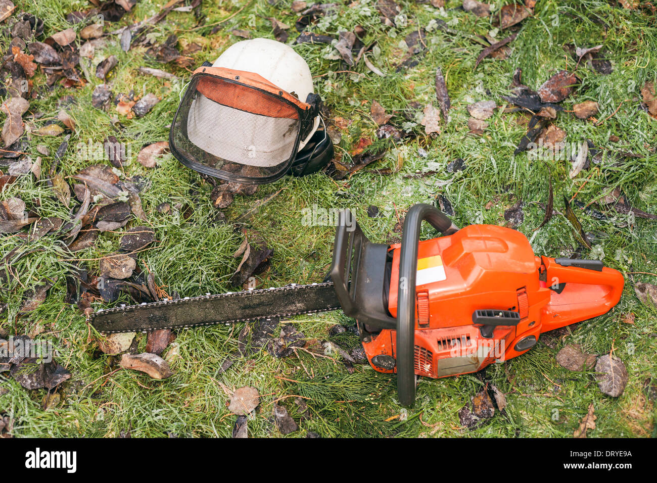 Chainsaw and helmet lying on the ground Stock Photo - Alamy