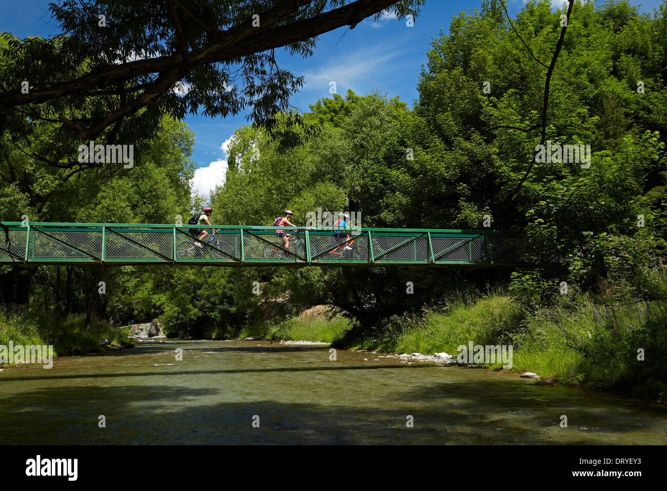 Mountain bikers crossing bridge on Arrow River Bridges Ride, near Arrowtown, Otago, South Island, New Zealand Stock Photo