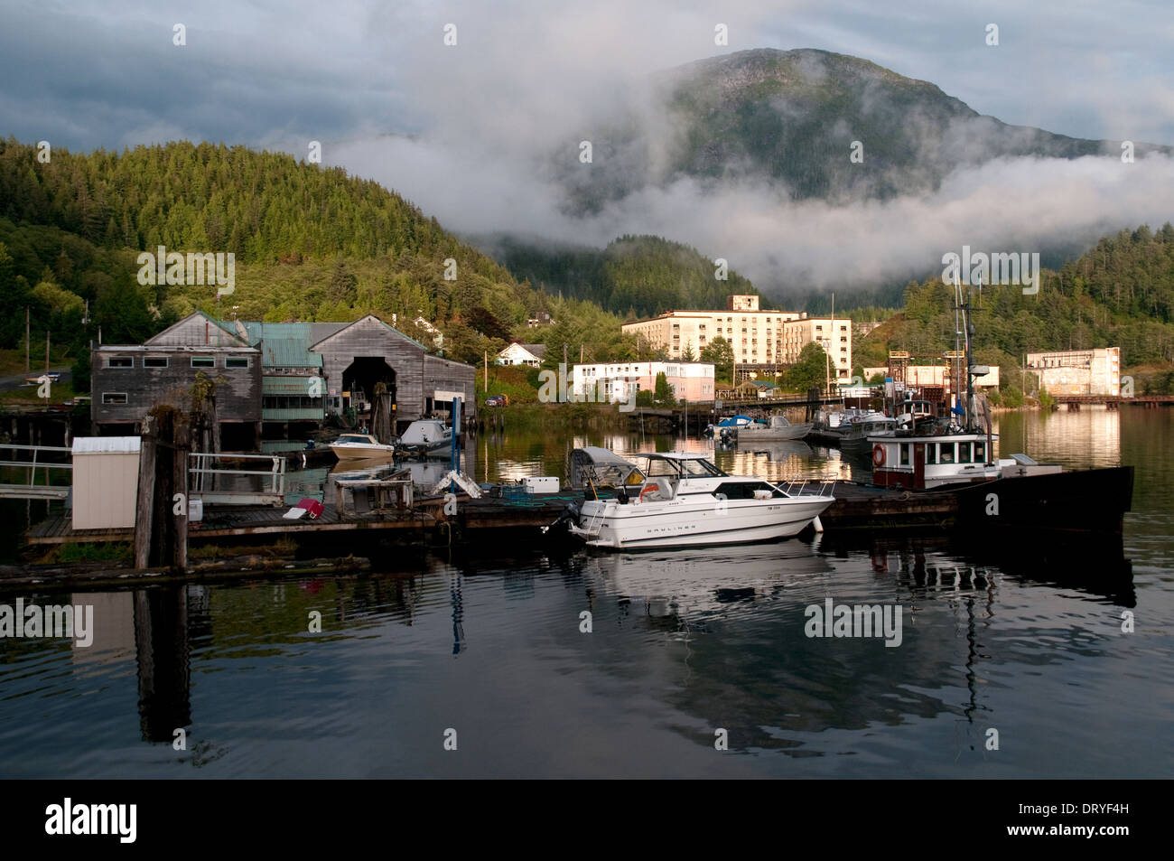 The abandoned former pulp and paper mill (logging) town of Ocean Falls, in the Great Bear Rainforest, British Columbia, Canada. Stock Photo