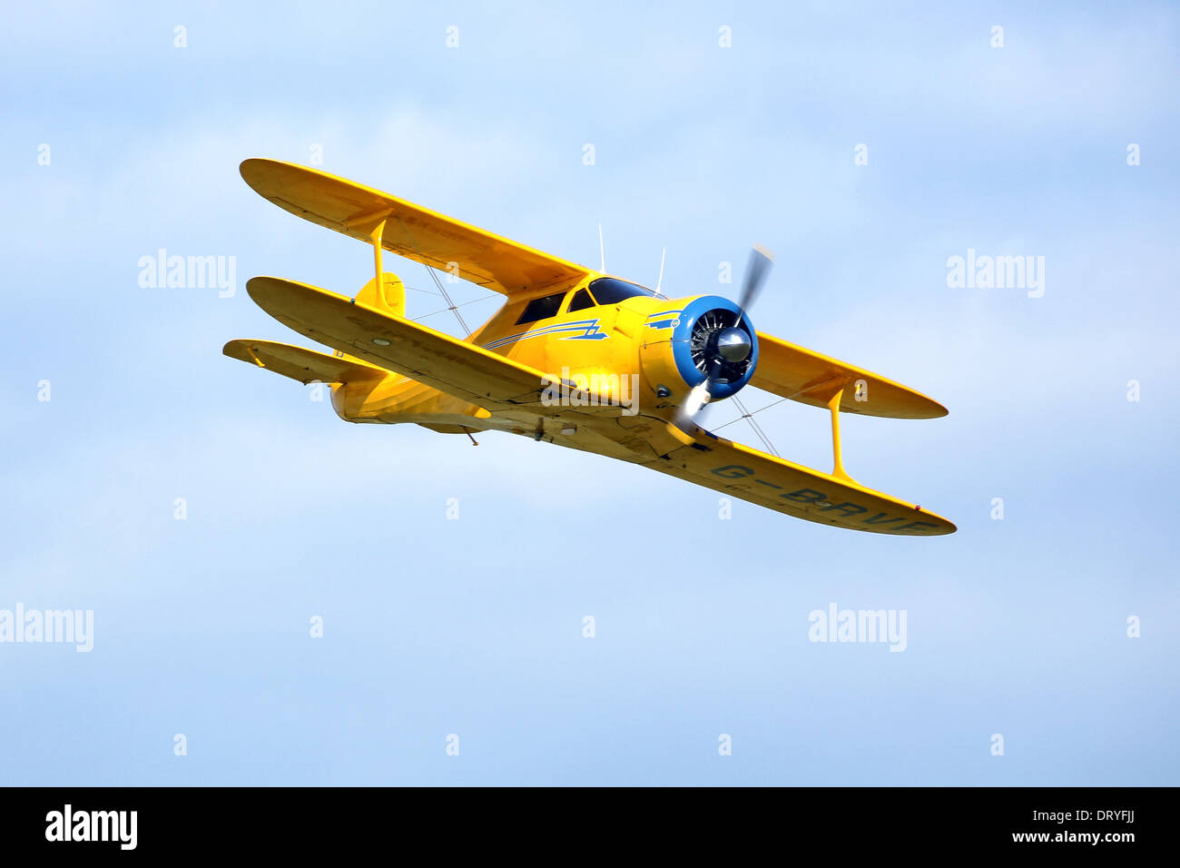 Beechcraft Model 17S Staggerwing biplane aircraft flying at the UK Flying Legends airshow in 2012 Stock Photo