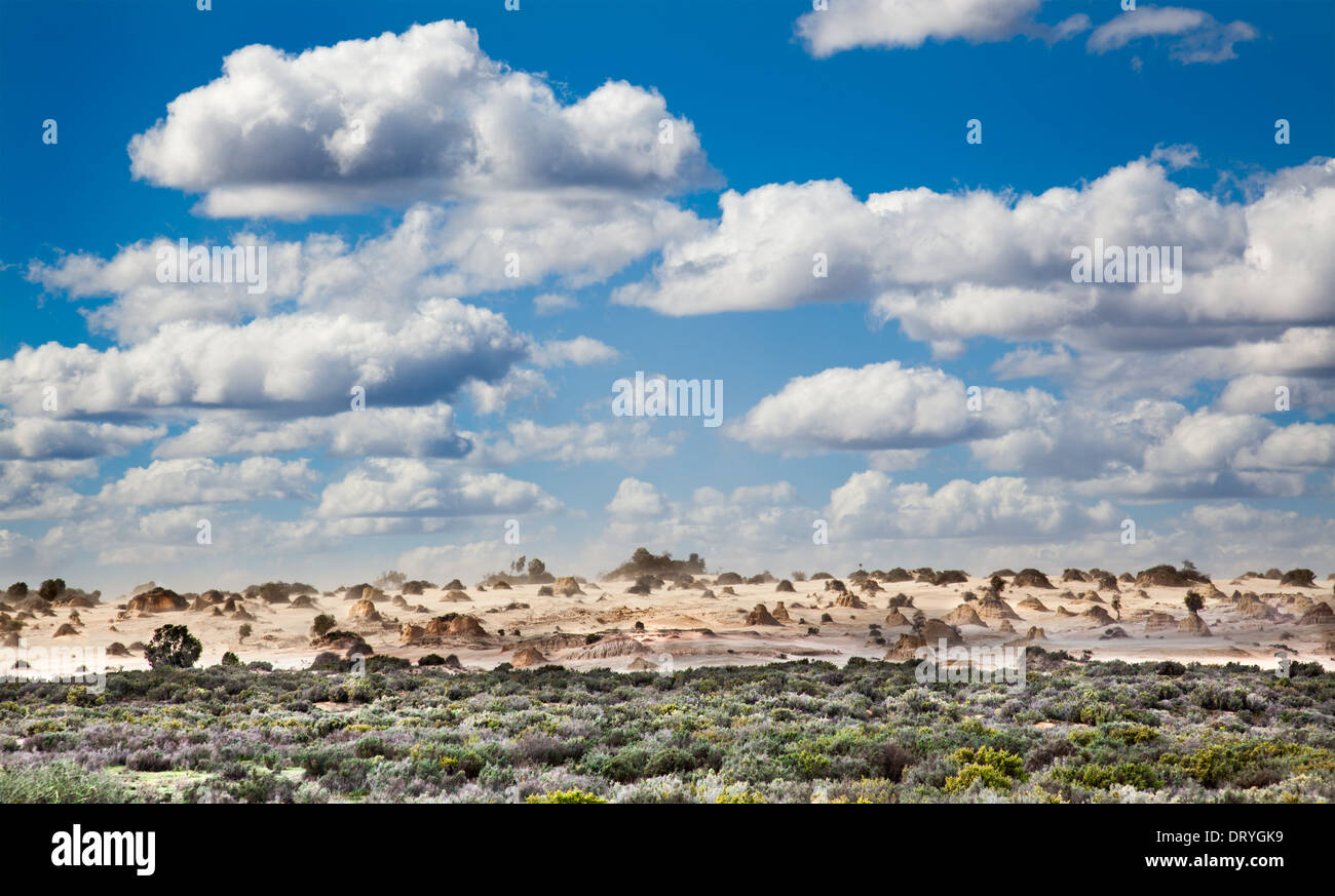 Lake Mungo is former inland lake now covered in strange formations. Stock Photo
