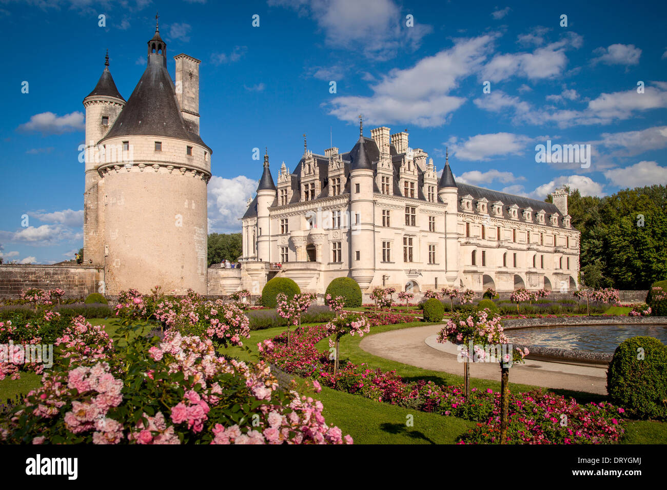 Gardens below the ancient guard tower and Chateau de Chenonceau, Indre-et-Loire, Centre France Stock Photo