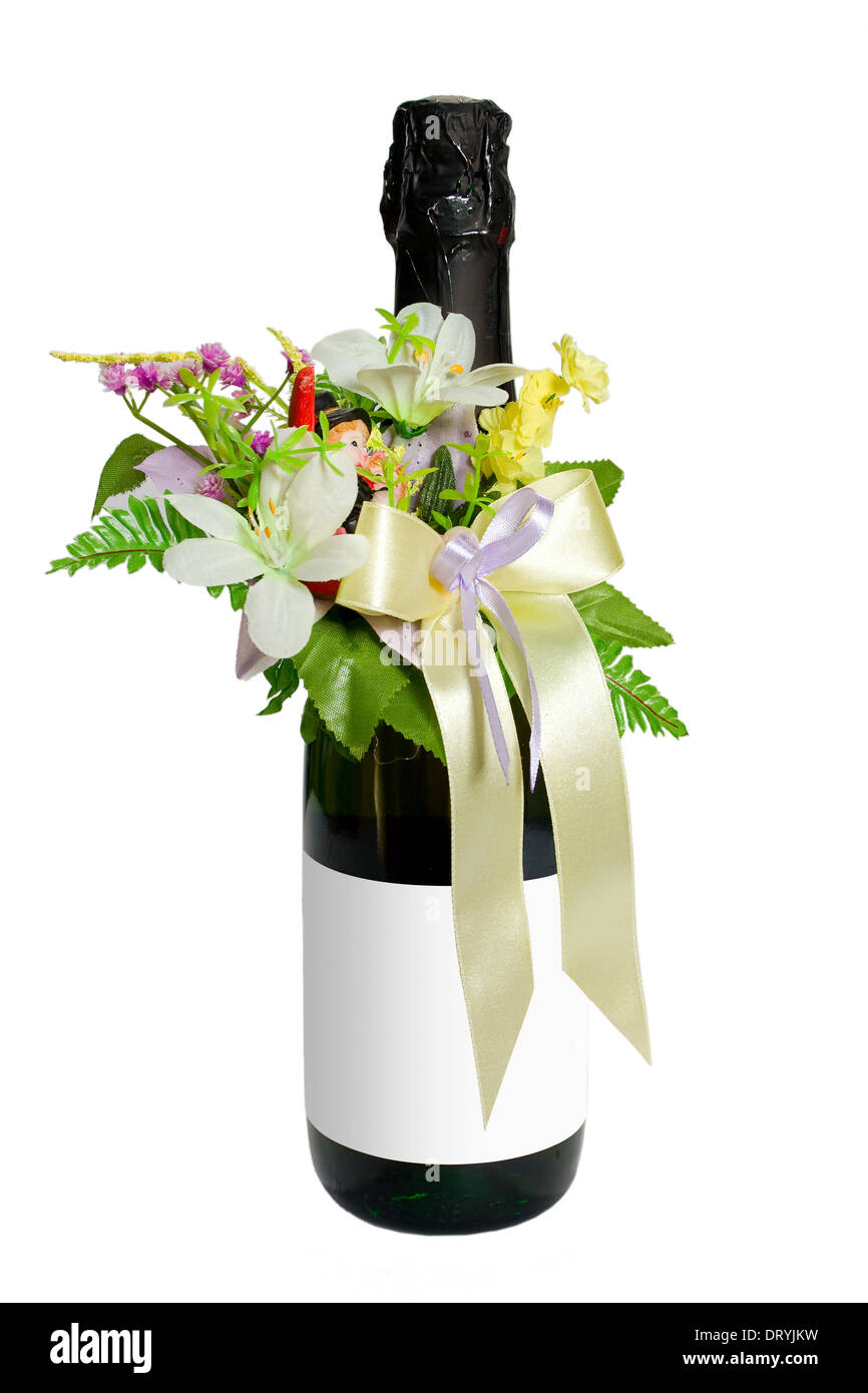 Wedding wine with flowers Stock Photo