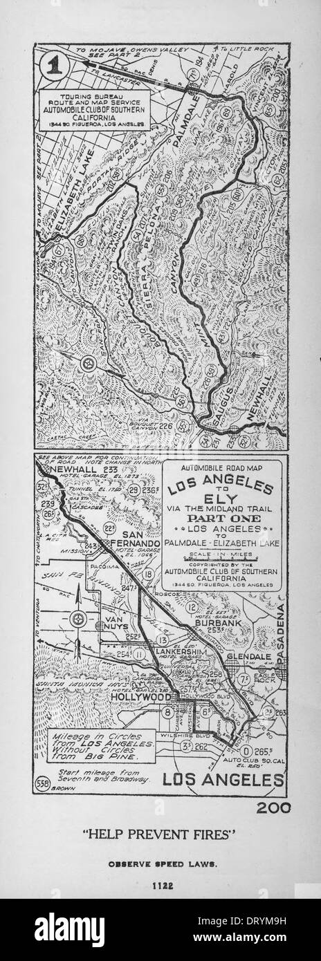Automobile road map- Los Angeles to Ely via the Midland Trail. Part one- Los Angeles to Palmdale-Elizabeth Lake, 1922 (AAA- Stock Photo