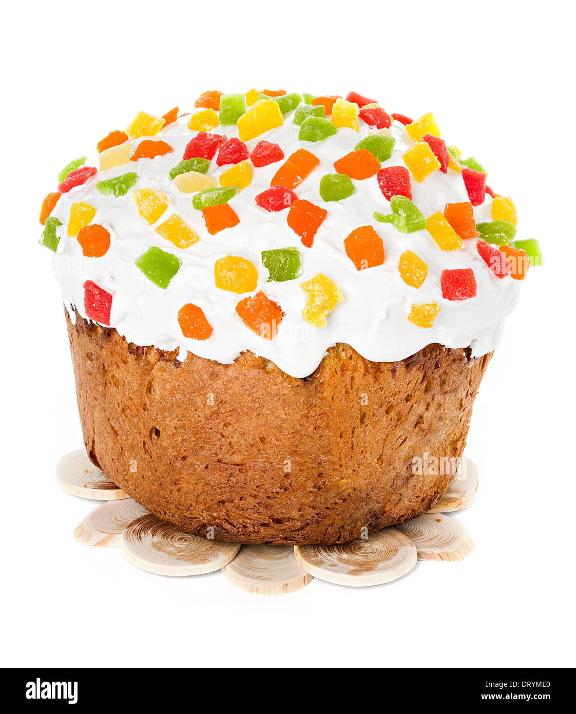 Easter cake with glace icing on white background Stock Photo