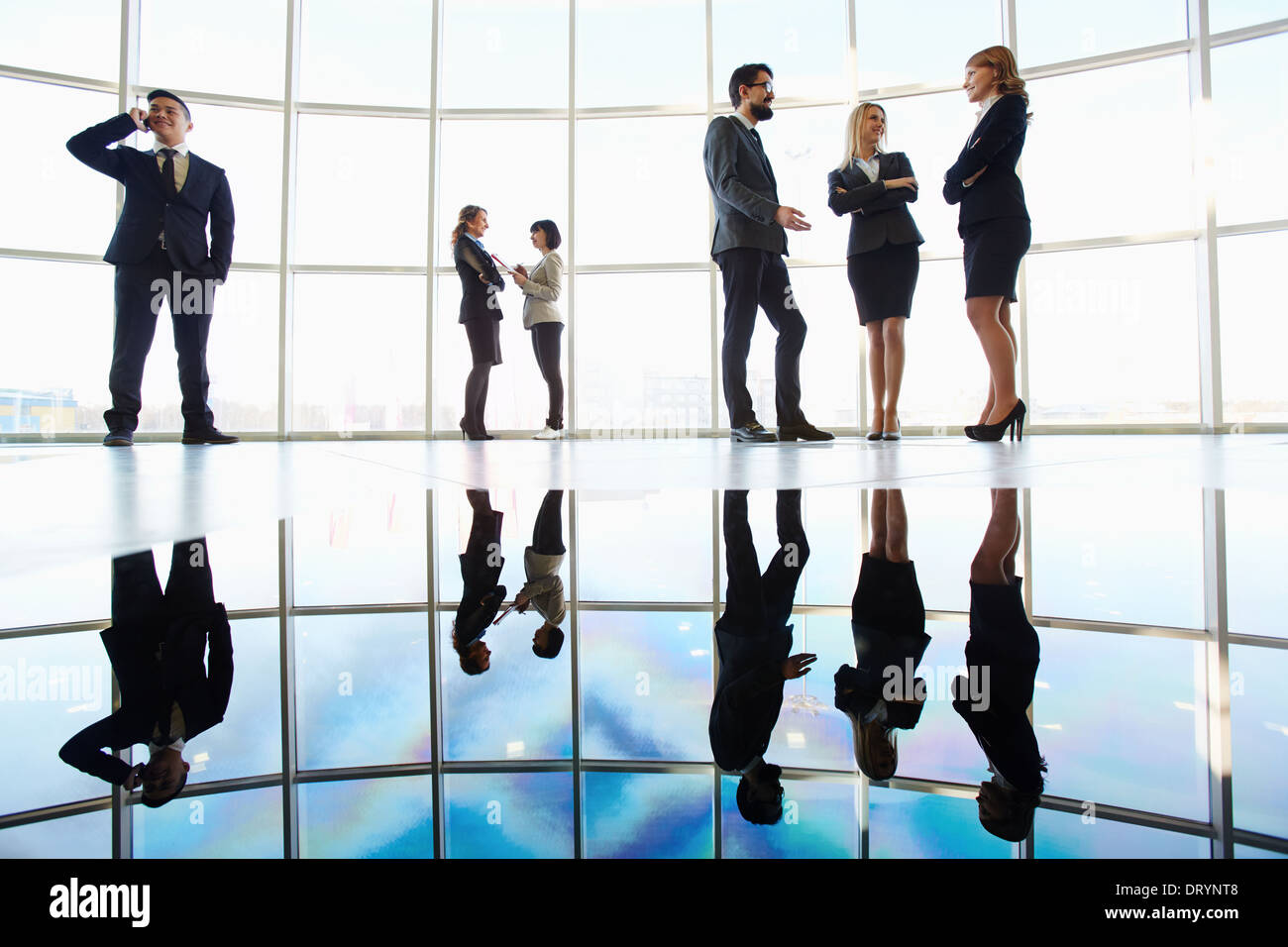 Several white collar workers communicating against window Stock Photo