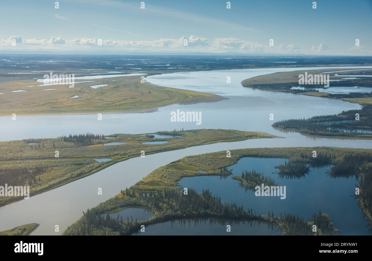 An aerial view of The Mackenzie river delta as it nears the arctic ocean in the Northwest Territories Stock Photo