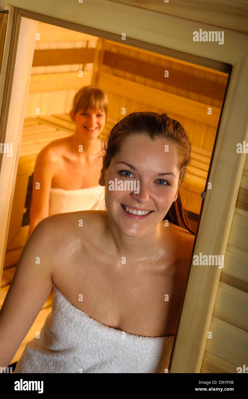 Woman posing at sauna in health spa Stock Photo Alamy