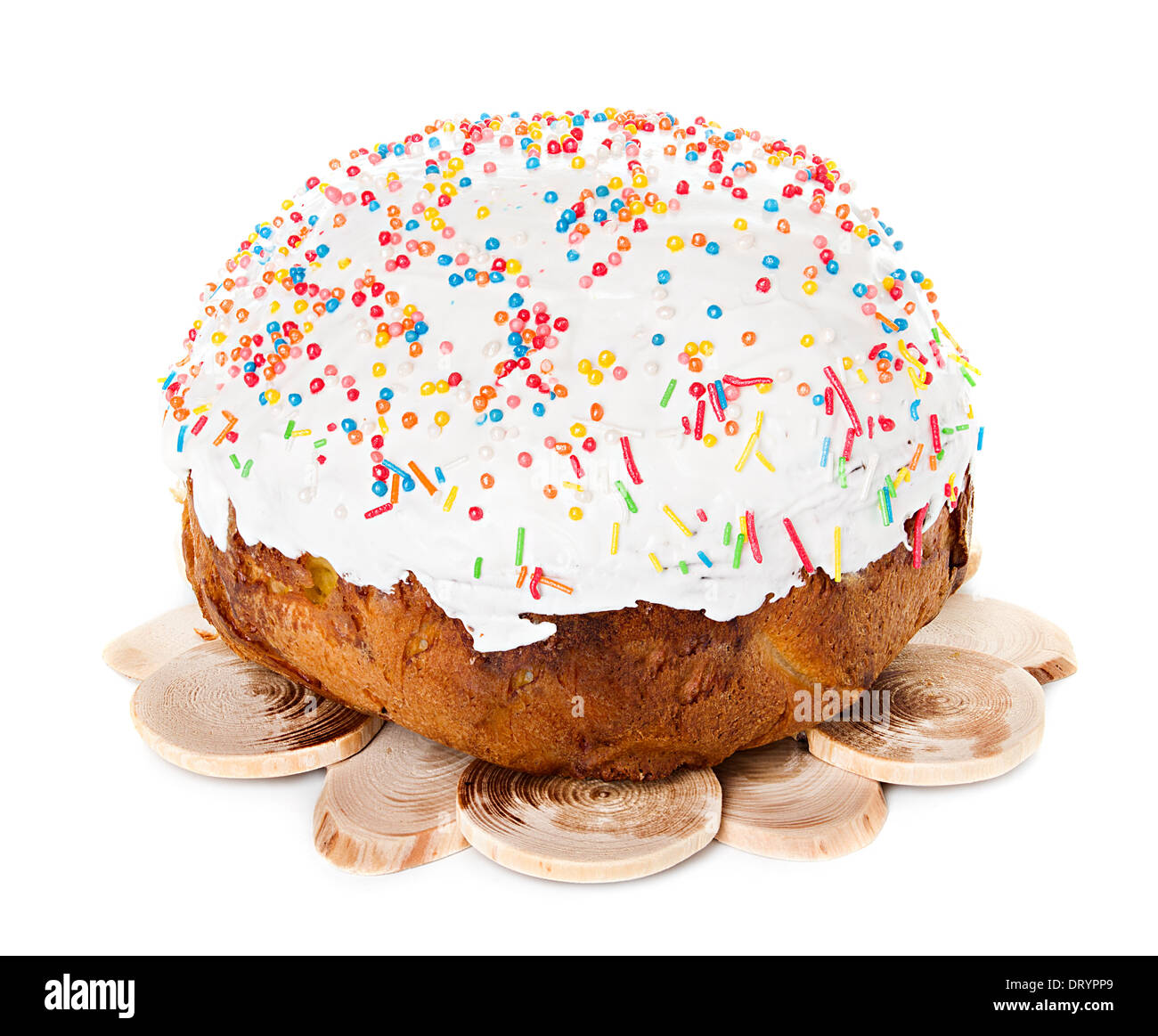 Easter cake with glace icing on white background Stock Photo