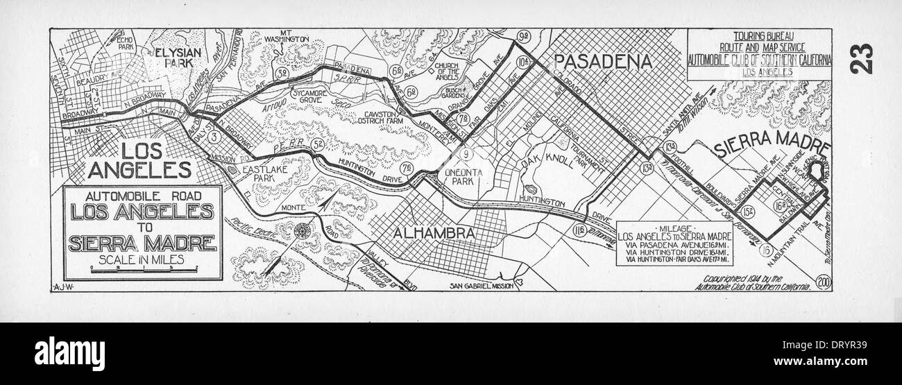 This image shows the automobile road from Los Angeles to Sierra Madre in 1914, highlighting early transportation routes and the evolving infrastructure of the region. Stock Photo