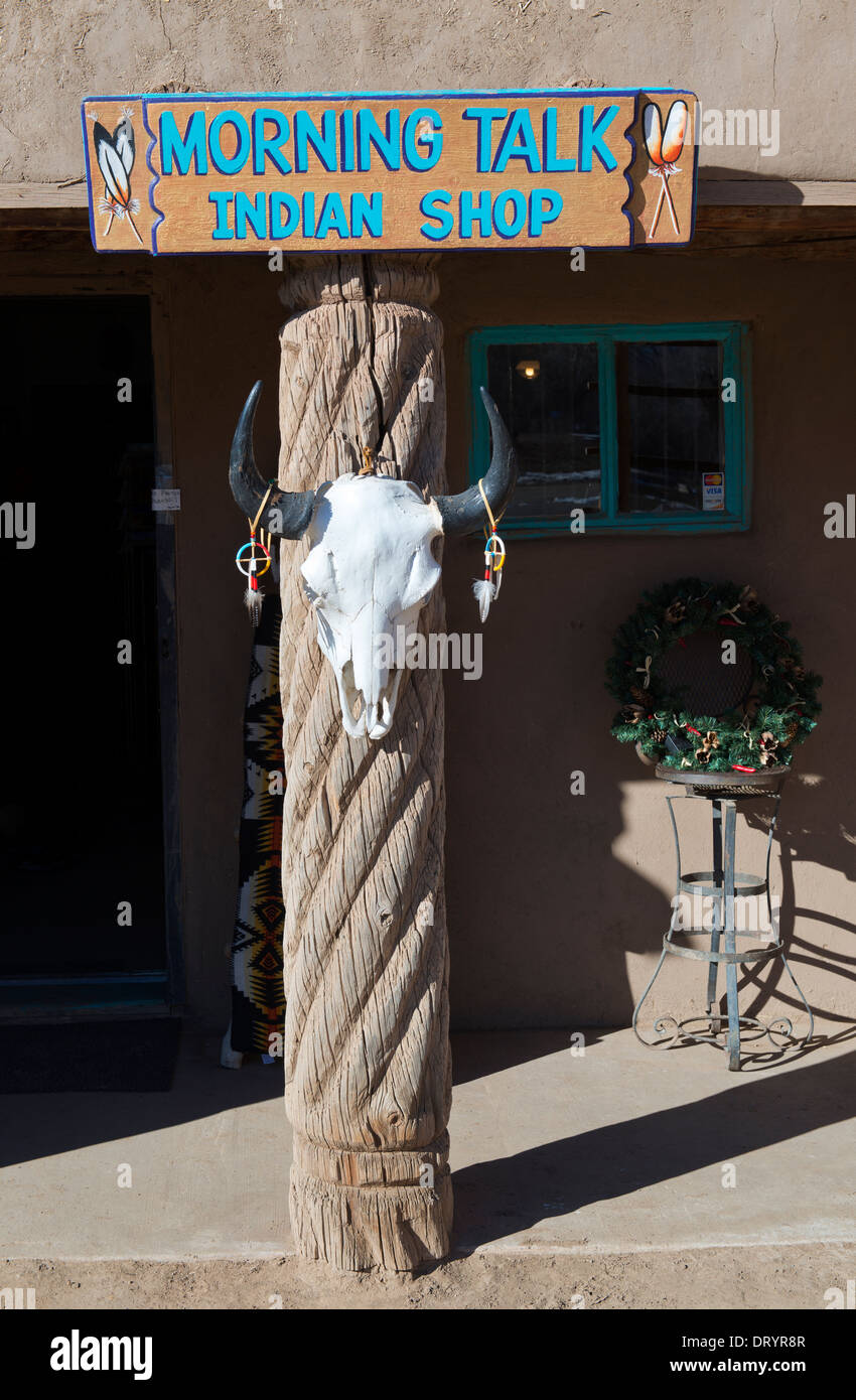 Entrance to one of the adobe structures, now a souvenir shop, at the Taos Pueblo. Stock Photo