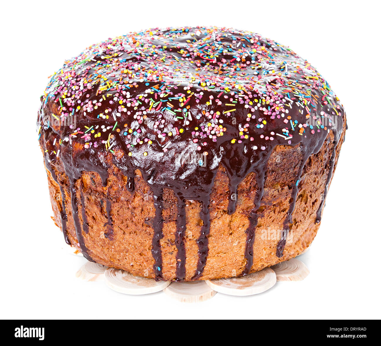 Easter cake with glace icing on white background Stock Photo