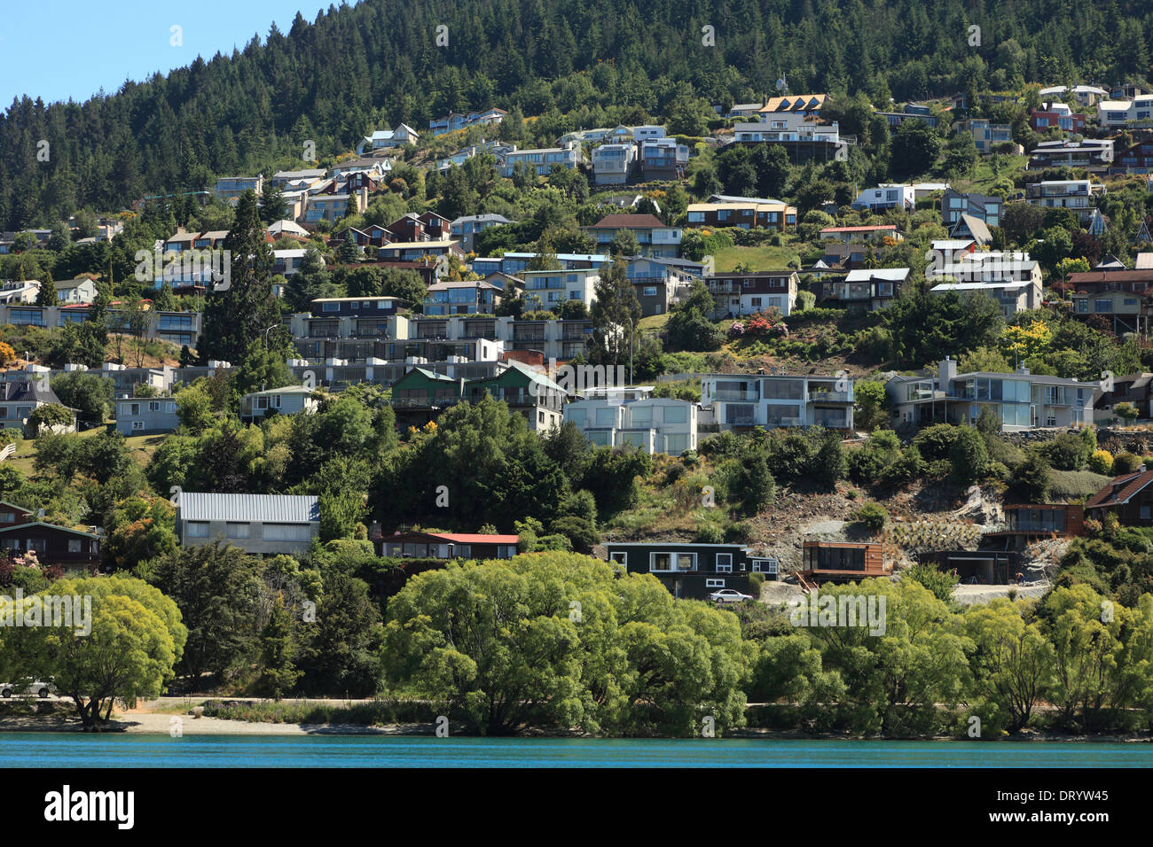 Houses along Lake Wakatipu, Queenstown, New Zealand. Stock Photo