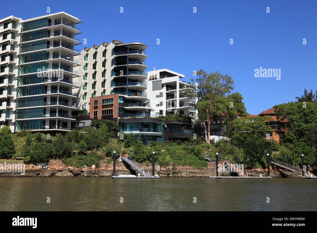 Residential apartment buildings along the Brisbane River at Brisbane. Stock Photo