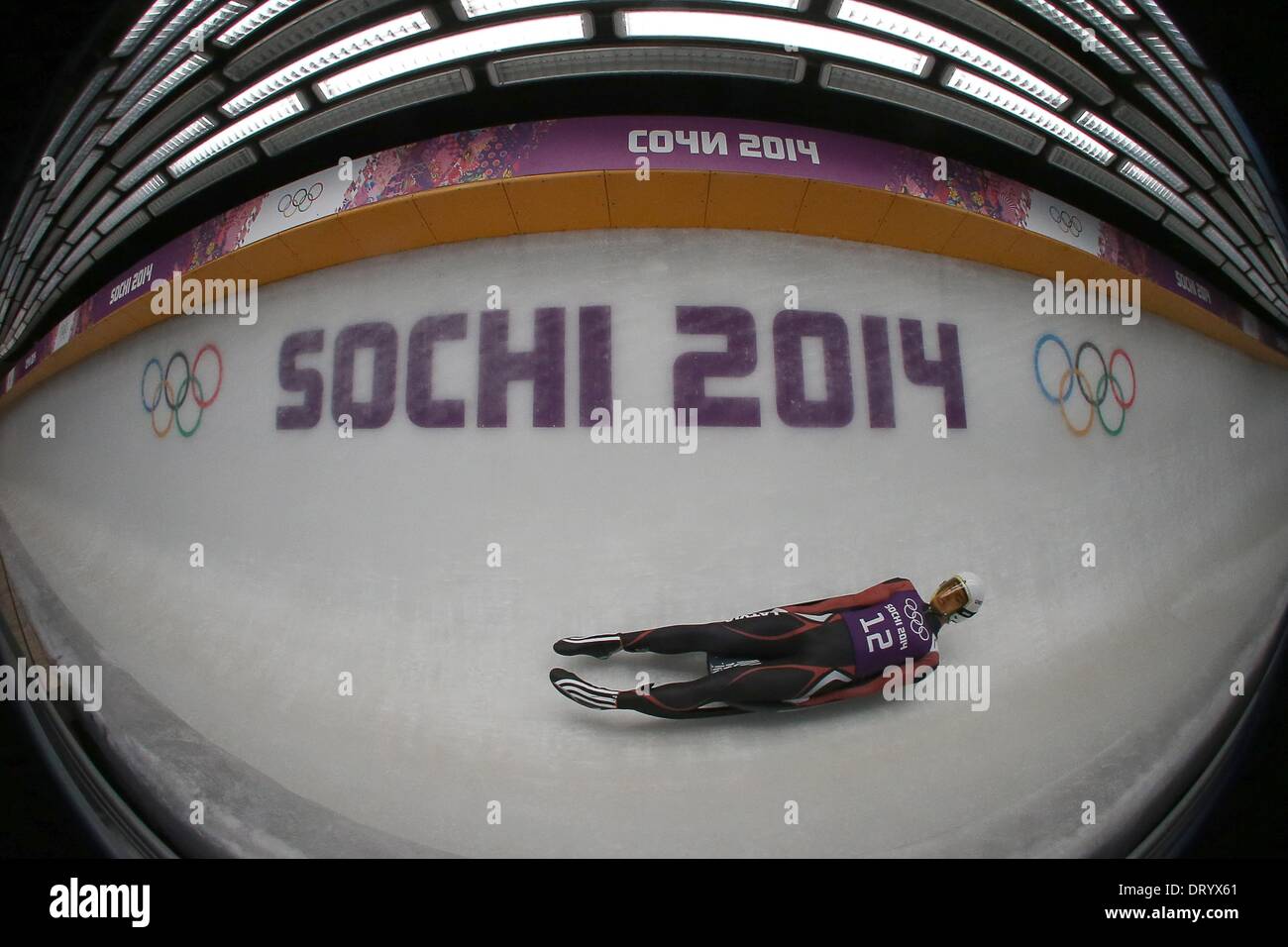 Krasnaya Polyana, Russia. 05th Feb, 2014. Kristaps Maurins of Latvia in action during the Men's Luge training session at the Sanki Sliding Center in Krasnaya Polyana, Russia, 05 February 2014. The Sochi 2014 Olympic Games run from 07 to 23 February 2014. Photo: Fredrik von Erichsen/dpa/Alamy Live News Stock Photo