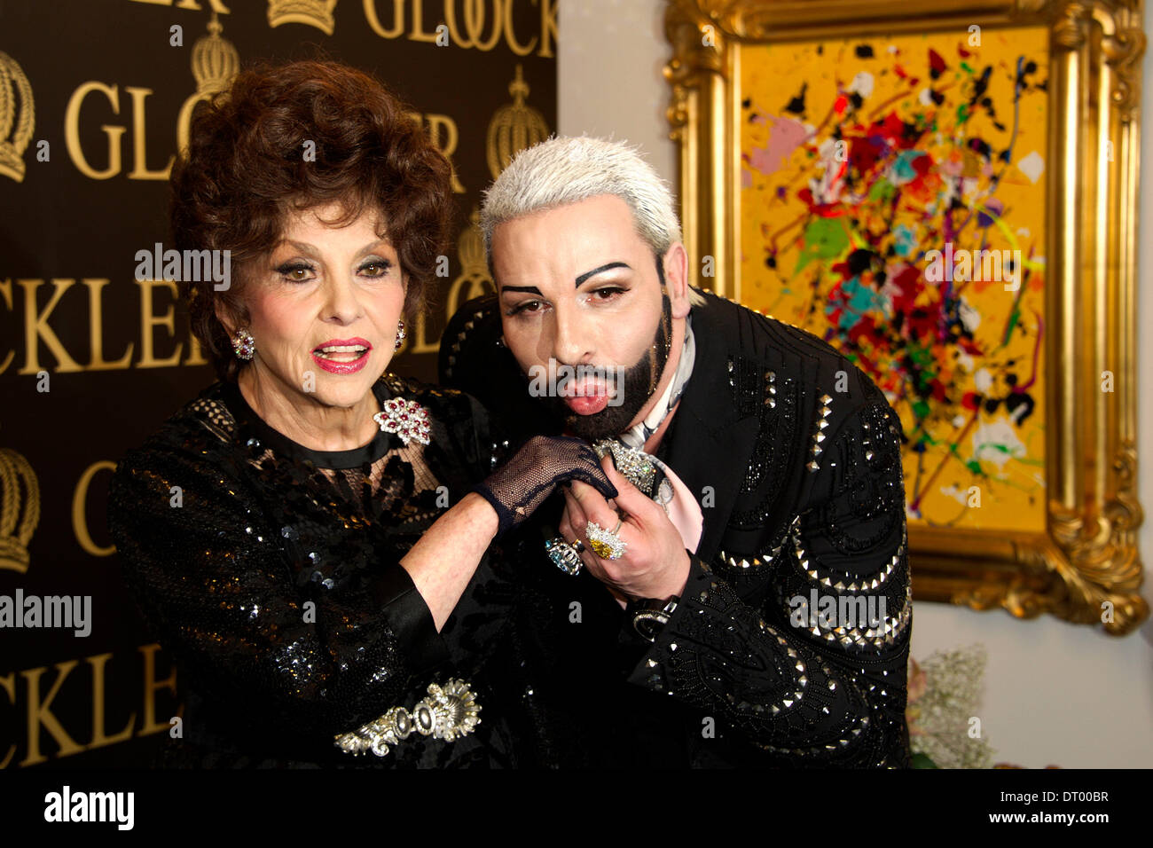 Berlin, Germany. 04th Feb, 2014. Italian artist Gina Lollobrigida and fashion designer Harald Glööckler at the reception on the occasion of their 20-year friendship at the GLÖÖCKLER Galery in Berlin. on February 2nd, 2014. Credit:  dpa picture alliance/Alamy Live News Stock Photo