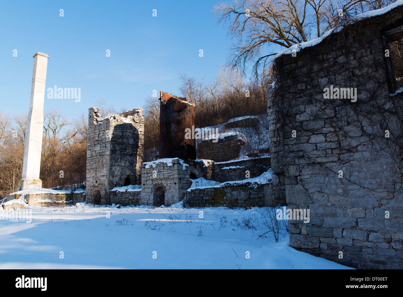 Lime kiln ruins in snow in the High Cliffs State Park. Stock Photo