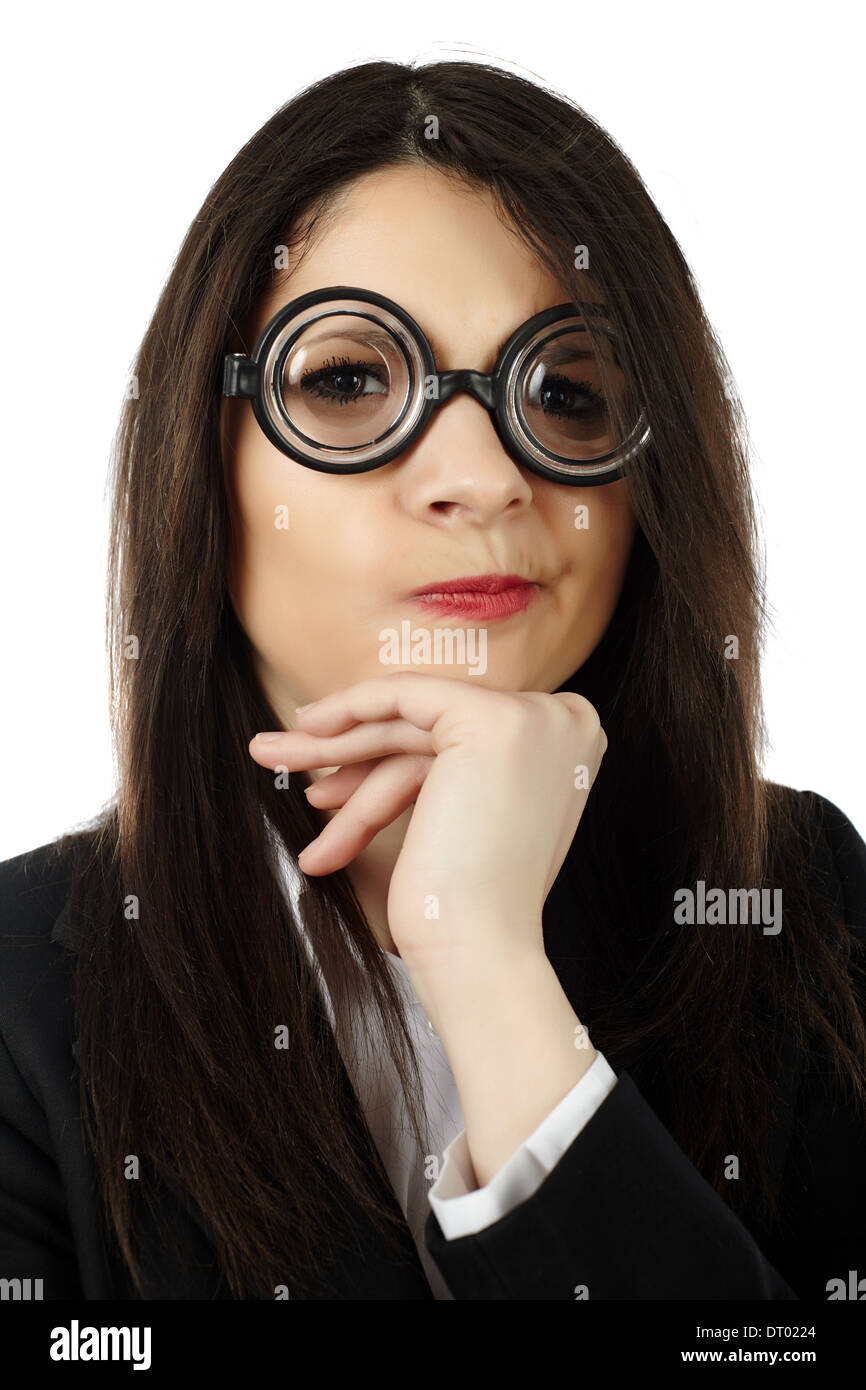 Closeup of unattractive woman wearing funny glasses with hand on chin isolated on white Stock Photo
