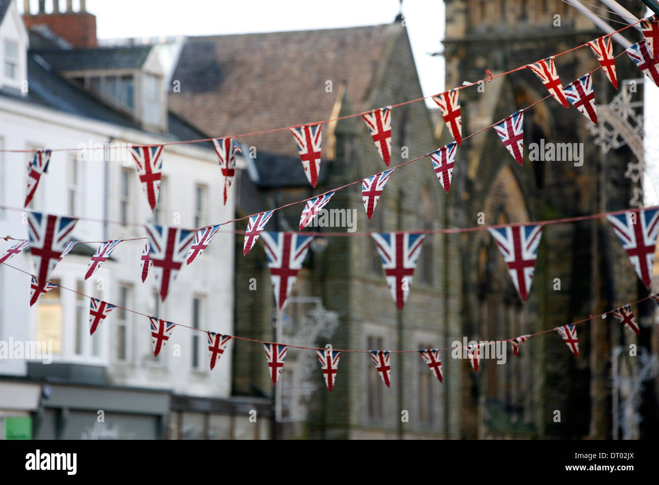 Union Flag buntings in Morpeth Tynemouth. Stock Photo