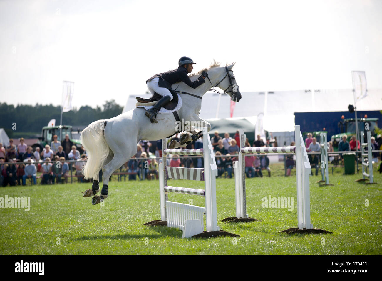 A horse and rider tackle a fence in the show jumping competition at the ...