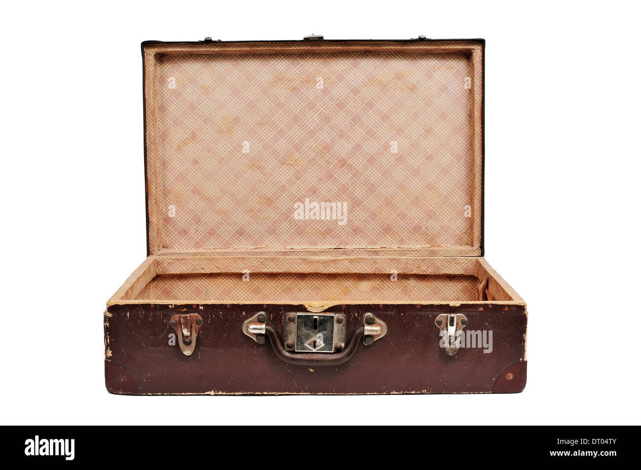 open antique suitcase on a white background Stock Photo