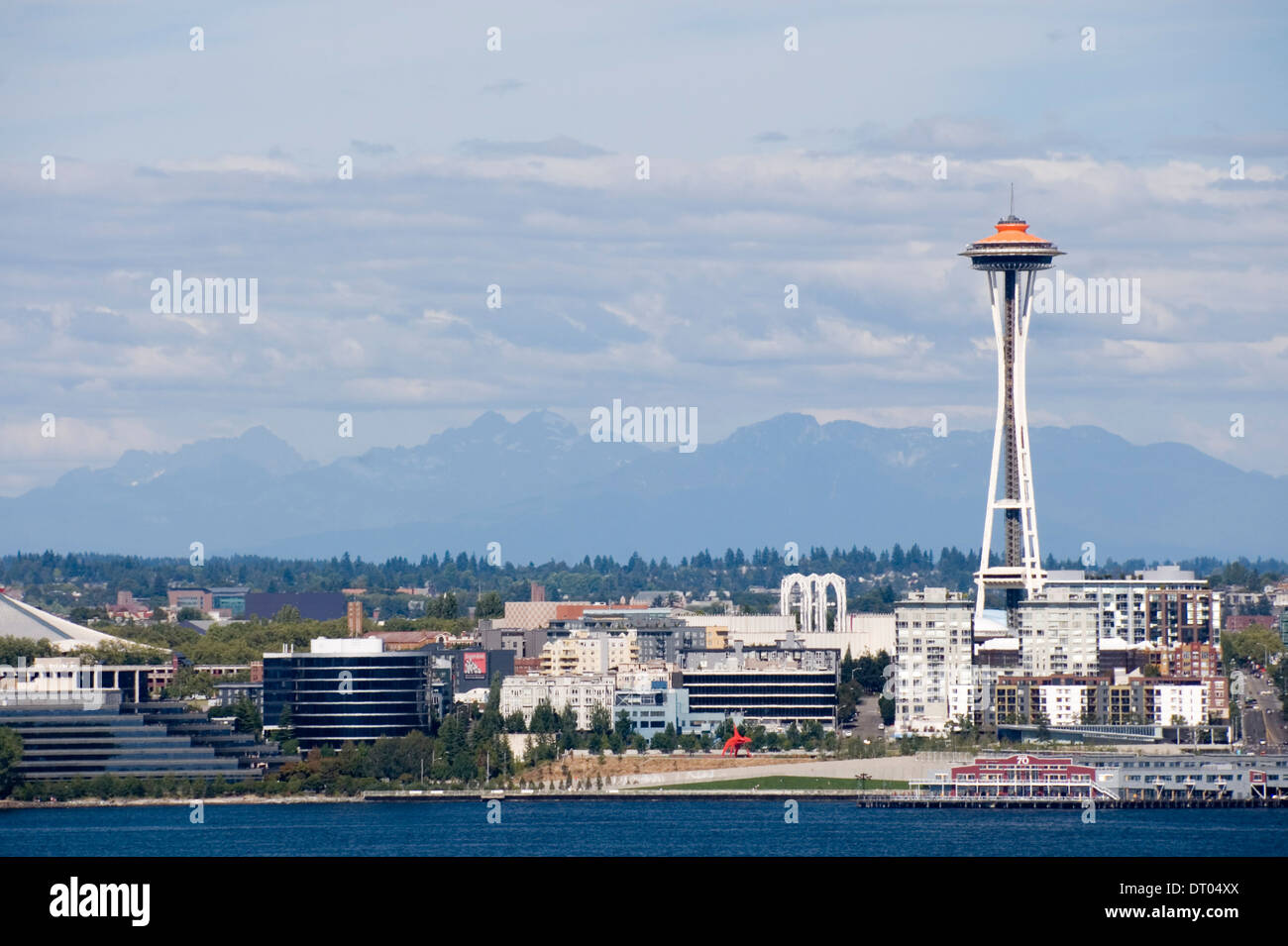 View across Elliott Bay to the Seattle Space Needle, from Alki, West Seattle, USA Stock Photo