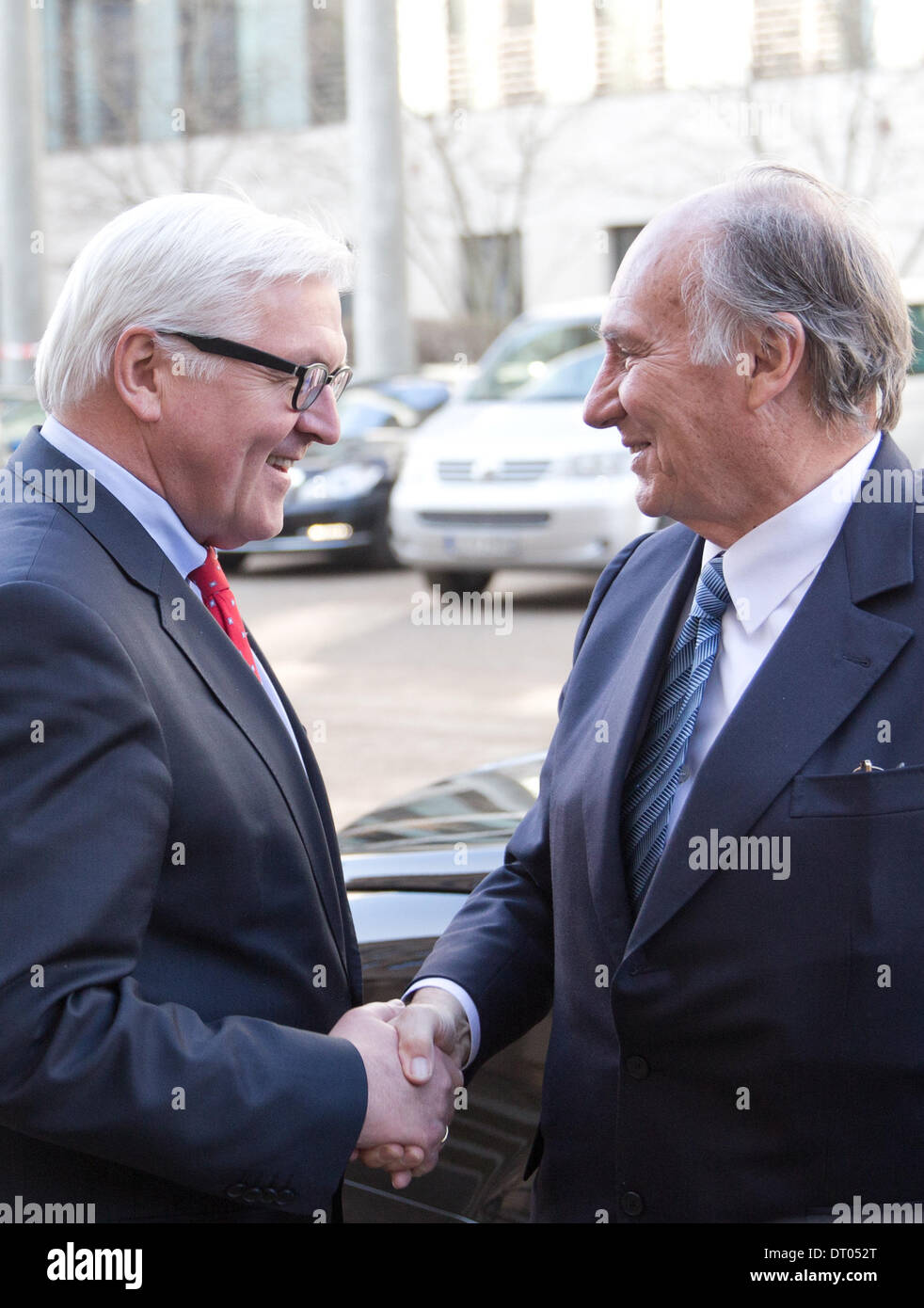 Berlin, Germany. 05th Feb, 2014. Federal minister of Foreign Affairs Frank-Walter Steinmeier (SPD, L) shakes hands with spiritual leader Karim Aga Khan IV. at the Federal Foreign office in Berlin, Germany, 05 February 2014. Photo: JOERG CARSTENSEN/dpa/Alamy Live News Stock Photo