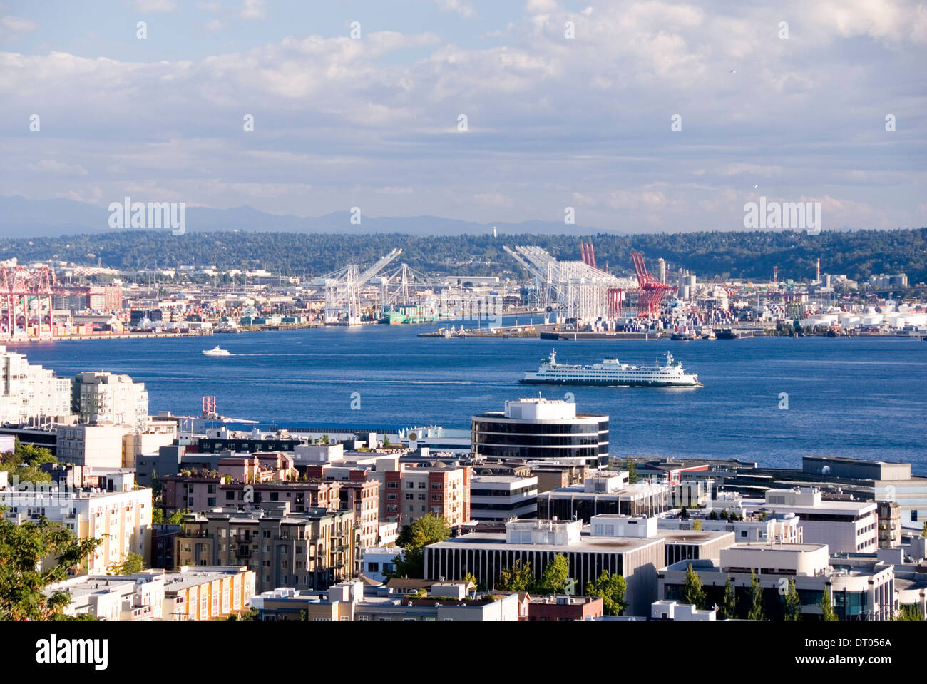 Seattle, USA, Aug 2012. Overlooking downtown and Elliot Bay, the Port and busy harbor, view from Kerry Park, Queen Anne hill. Stock Photo