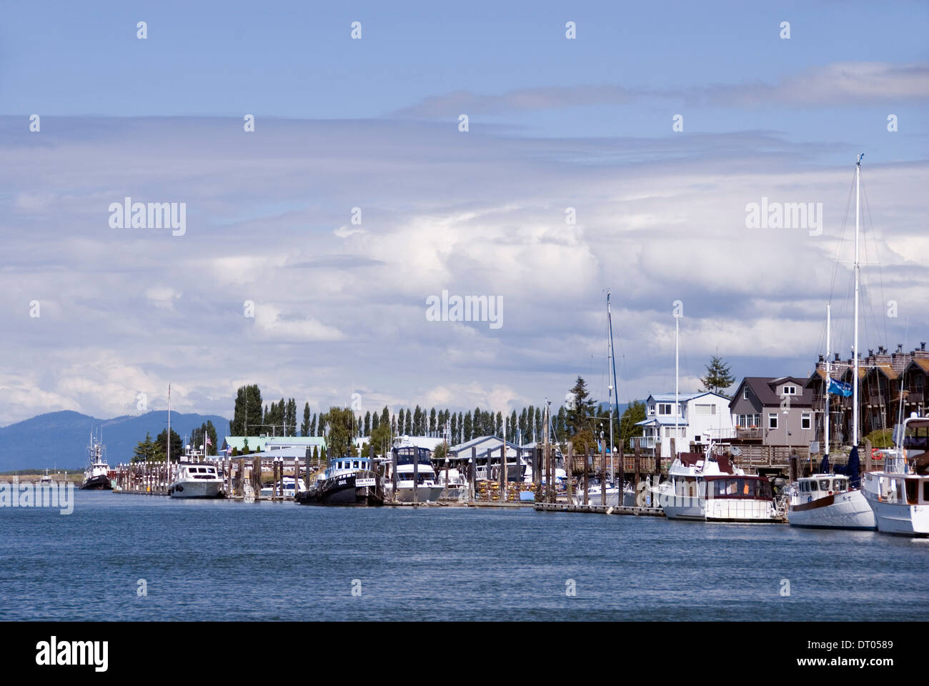 La Conner waterfront homes and boats moored on the The Swinomish Channel, Skagit County
