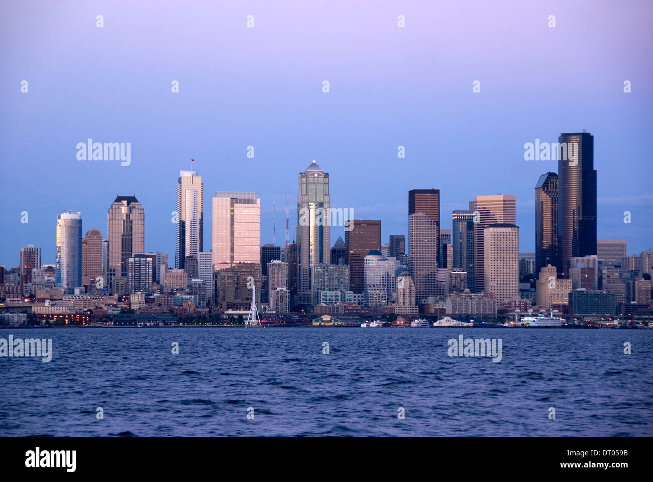 Downtown Seattle skyscrapers viewed across Elliott Bay from Alki at