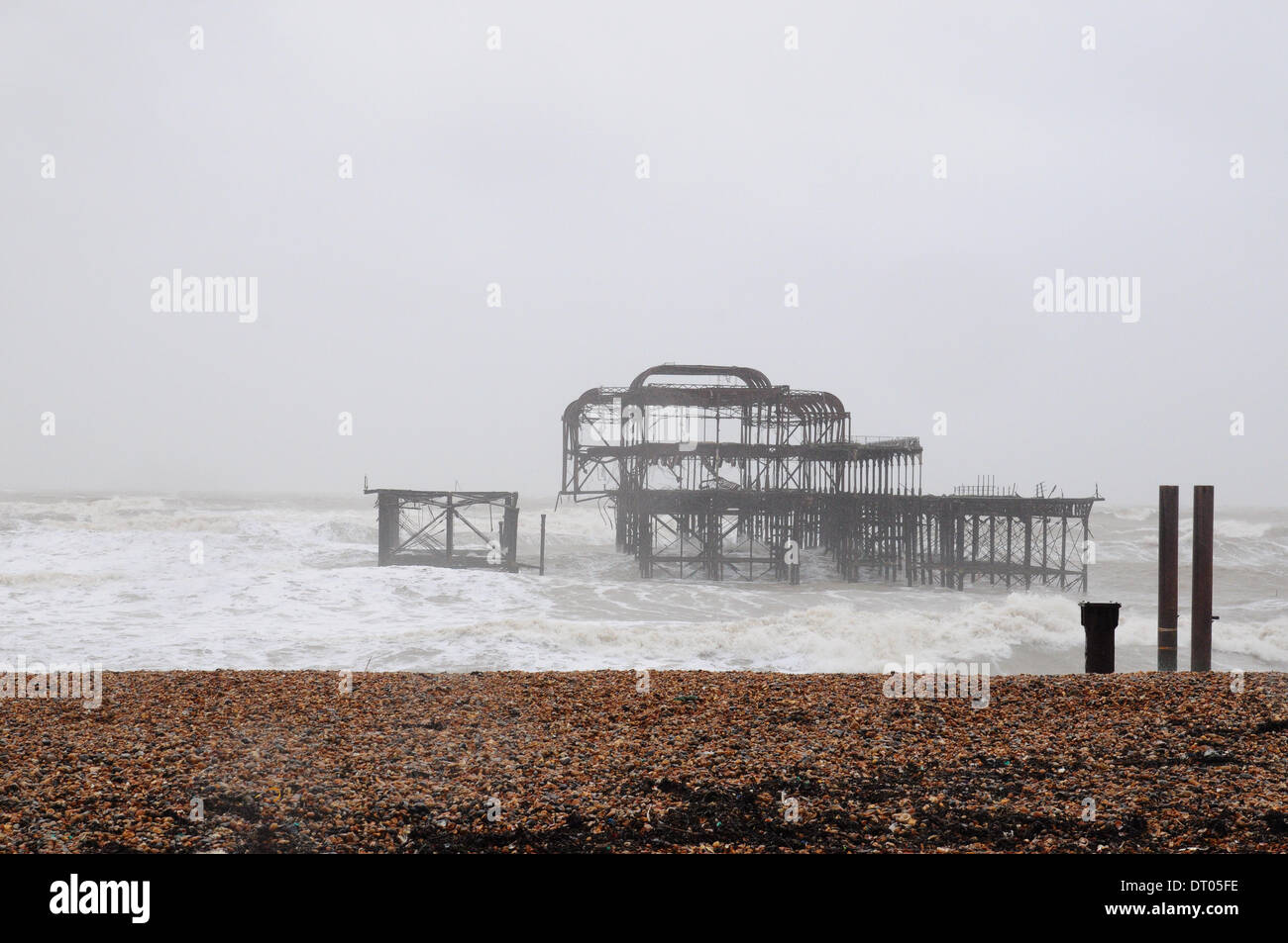 Brighton Sussex, UK . 05th Feb, 2014. More damage to Brighton's West Pier as storms again hit the South Coast. There appears to be no end to the stormy weather with high winds again forecast for the weekend. Credit:  David Burr/Alamy Live News Stock Photo