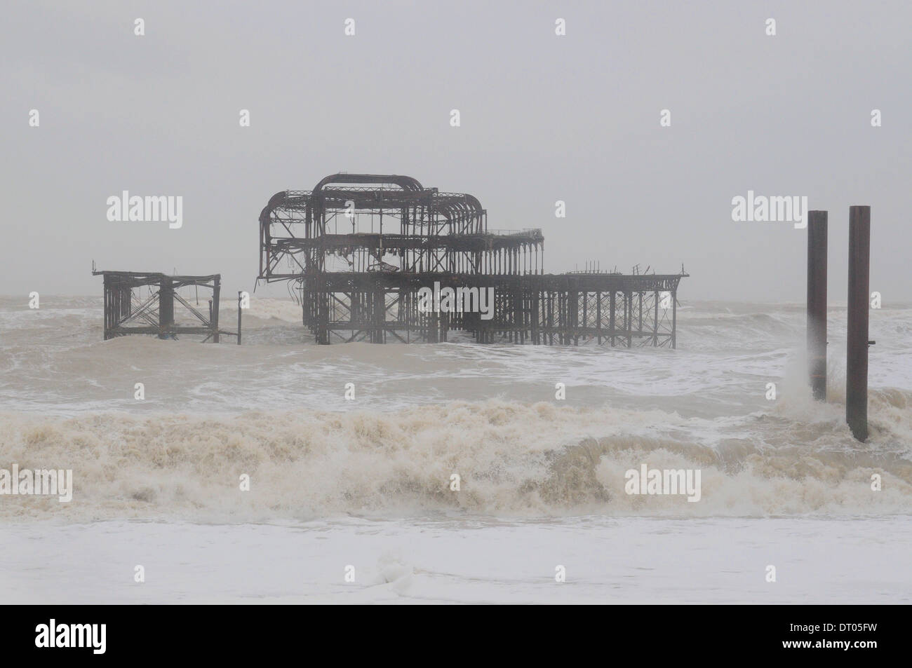 Brighton, Sussex, UK. 05th Feb, 2014. Further damage to Brighton's West Pier as more storms batter the Sussex Coast. There appears to be no end to the stormy weather with high winds again forecast for the weekend. Credit:  David Burr/Alamy Live News Stock Photo