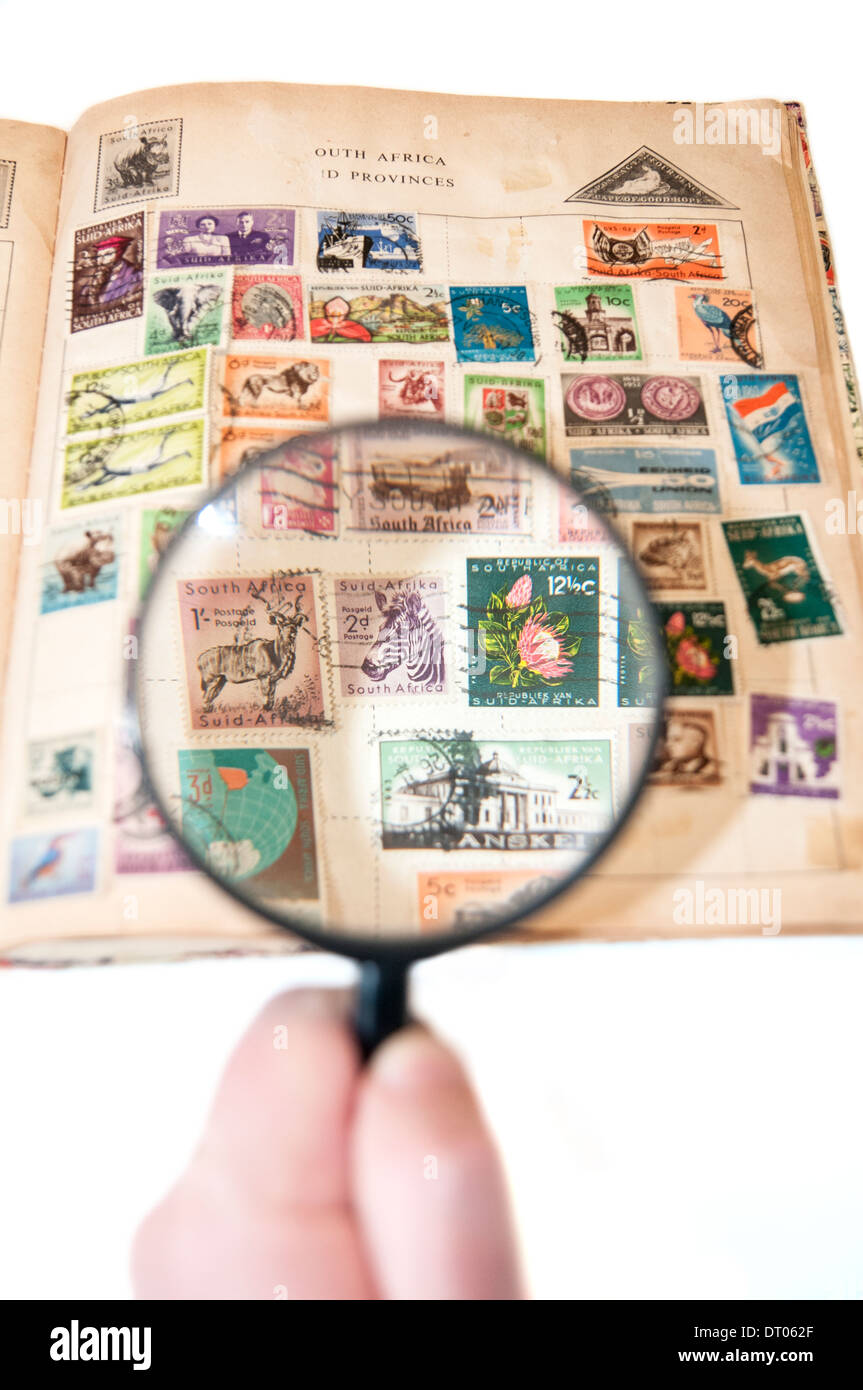 Mans Hand Examining An Old Stamp Book With Magnifying Glass Stock